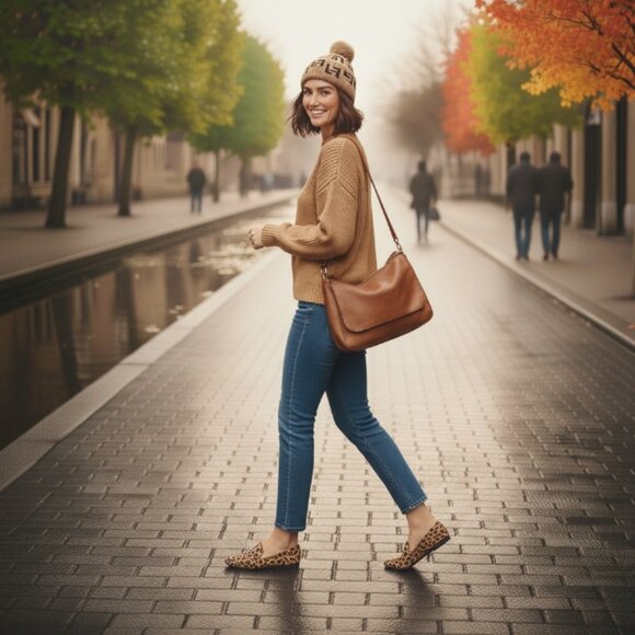 Knit Beanie Tuque with Faux Fur Pom – Brown & Tan Double F Pattern Hat - Picture 8 of 16